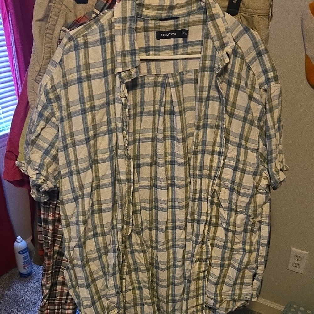 Nautica Men's Green and Blue Plaid Shirt